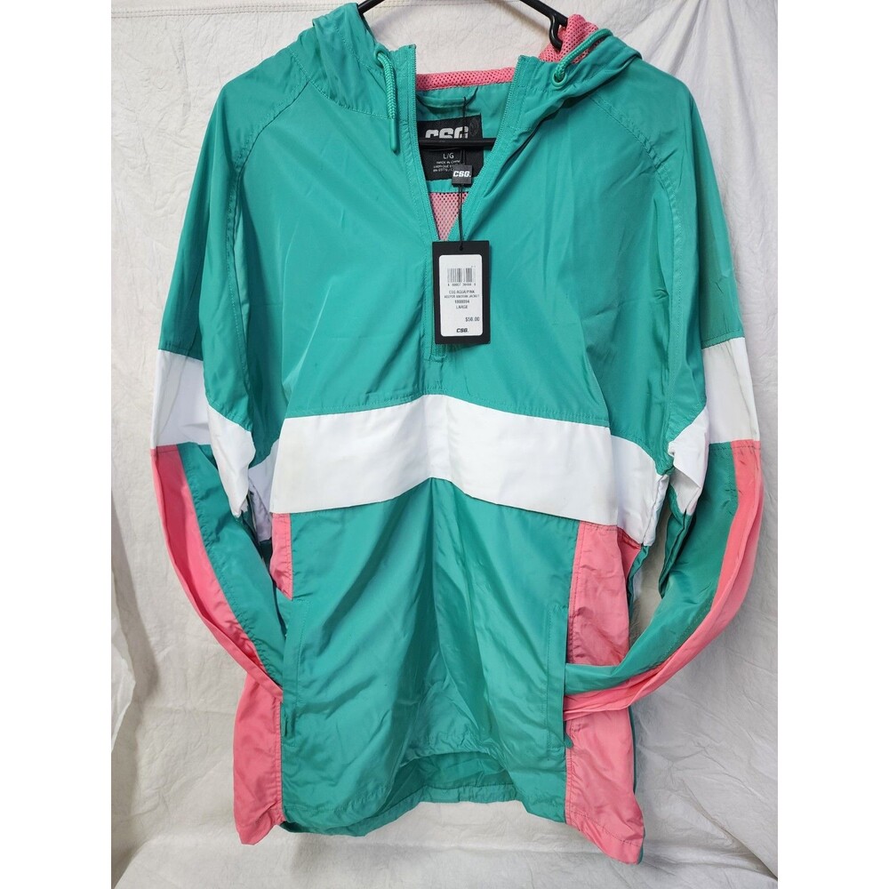 CSG 80s Retro Quarter Zip Pullover hooded Windbreaker Aqua/Pink Men's Size L
